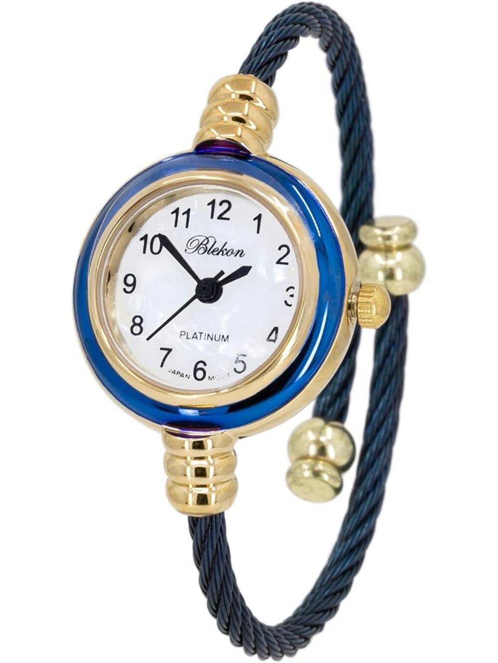 Women's Gold Navy Blue Analog Elegant Cable Cuff Arabic Numbers Bracelet Watch